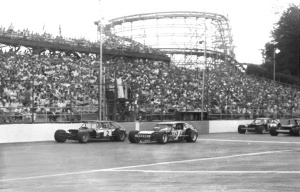 Geoff Bodine and Reggie Ruggiero motor down the front stretch to start the 1978 Riverside 500 at the Park. The packed grandstands at Riverside Park Speedway back then was the place to be on Saturday nights. Photo courtesy of Mario Fiore's collection.